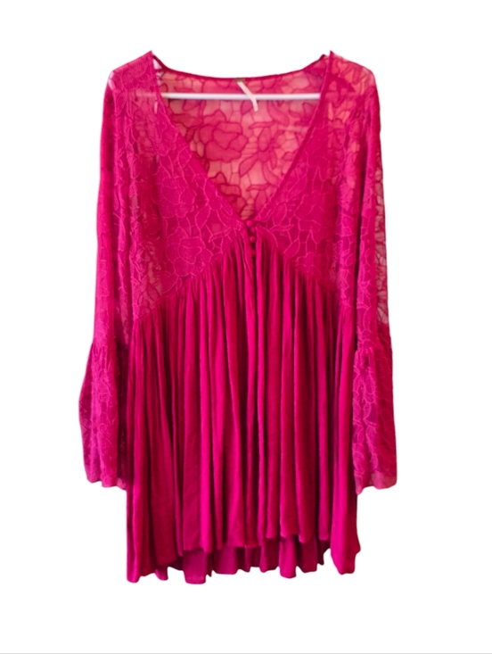 Free People Dresses & Skirts - 💜 FREE PEOPLE Romantic Long sleeve Lace Dress Raspberry Large Sheer Bell Sleeve